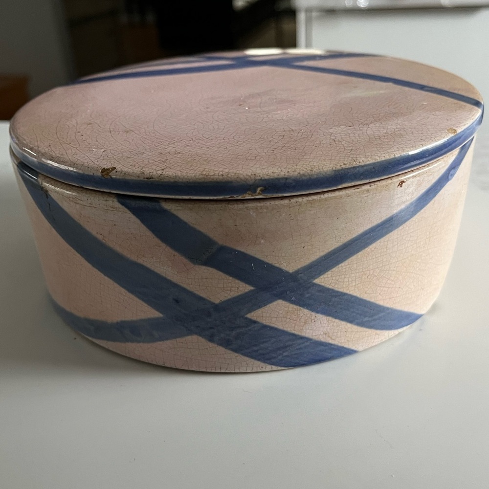 1920s pink and blue Weller pottery.  Probably a powder box.